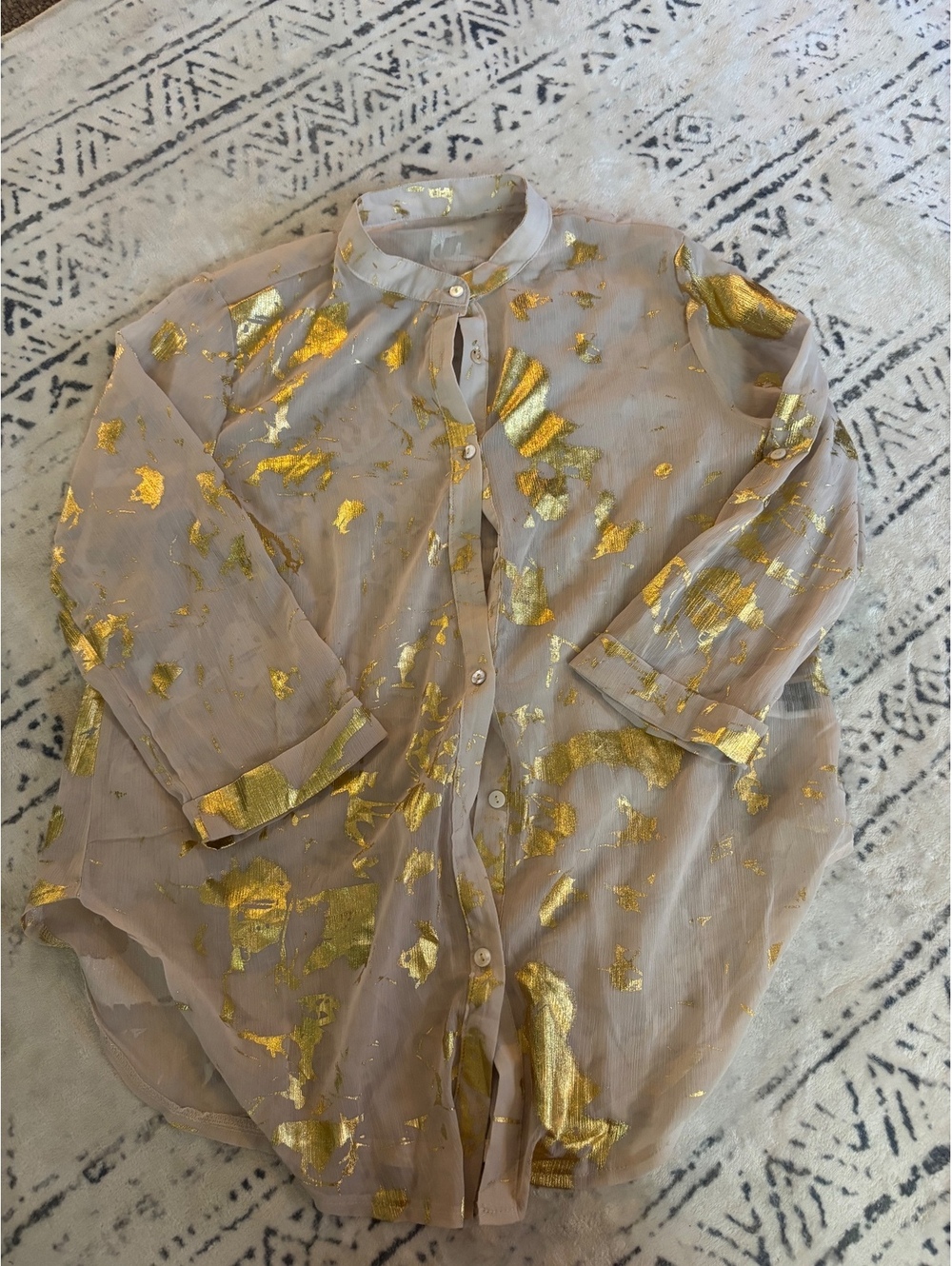 Sheer Beige Blouse with Gold Foil Detail, Size Small